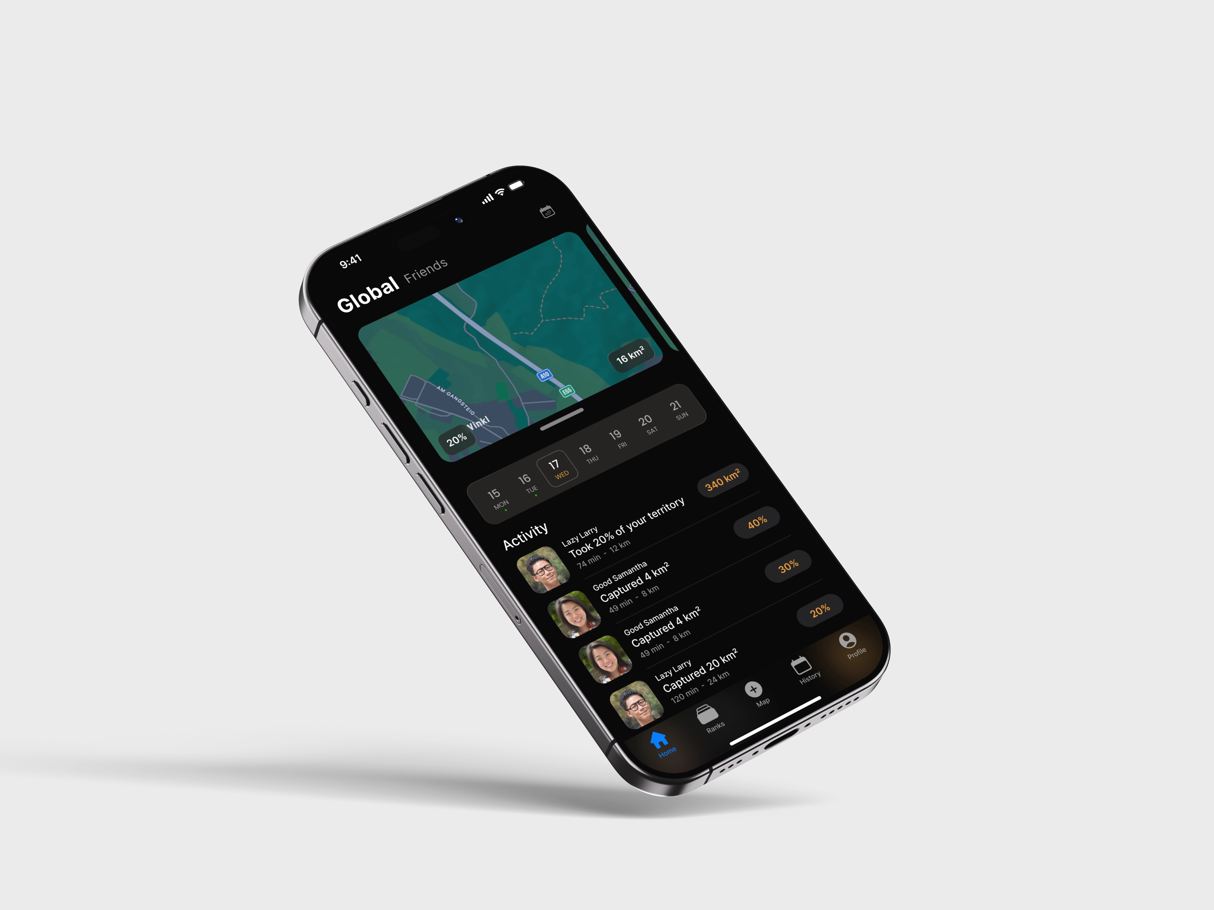 The goio activity feed showing recent captures and territory changes